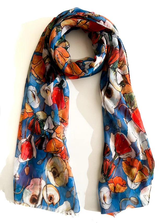 Cathy Poppies Scarf - Blue