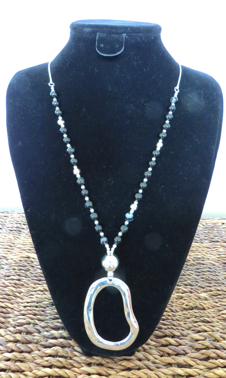 Necklace by Merx - Black and Silver Beads with Silver Pendant