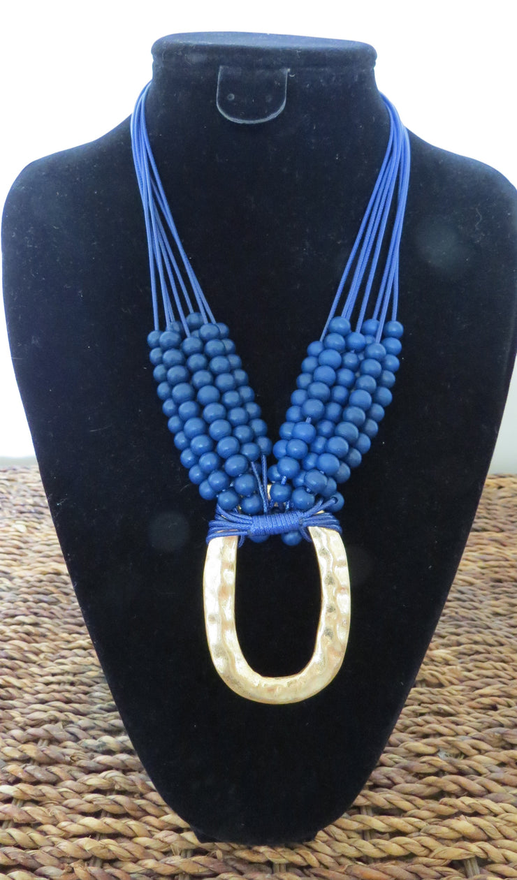 Necklace by Merx - Gold and Navy Blue Wood with Navy Waxed Cords