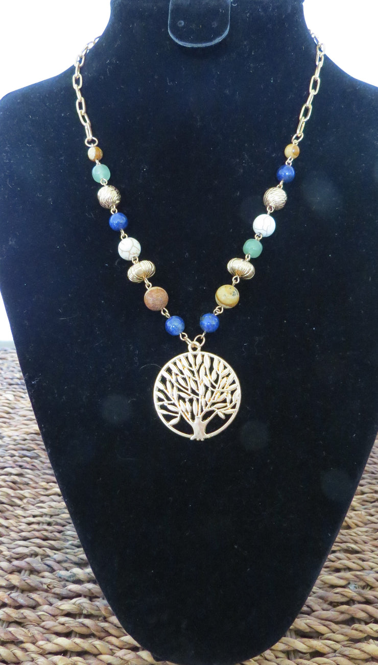 Necklace by Merx - Gold, Navy Blue with Jade and White Howlite Natural Stones and Tree of Life Pendant
