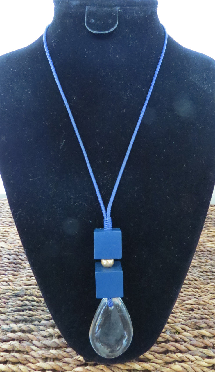 Necklace by Merx - Gold, Navy Blue Wood, Clear Resin and Navy Blue Waxed Cord