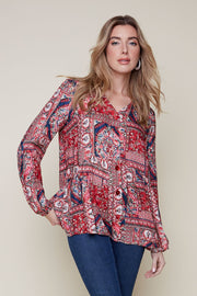 V-Neck Print Blouse by Renuar - Berry