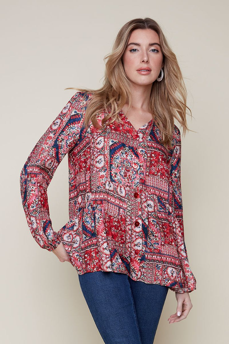 V-Neck Print Blouse - Berry - SALE - 60% off