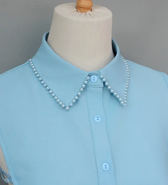 Dickie/Faux Collar - Blue with Pearls on Collar