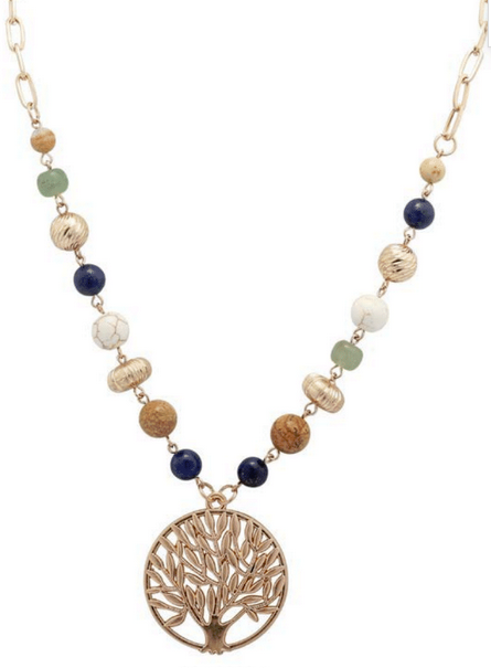 Necklace by Merx - Gold, Navy Blue with Jade and White Howlite Natural Stones and Tree of Life Pendant
